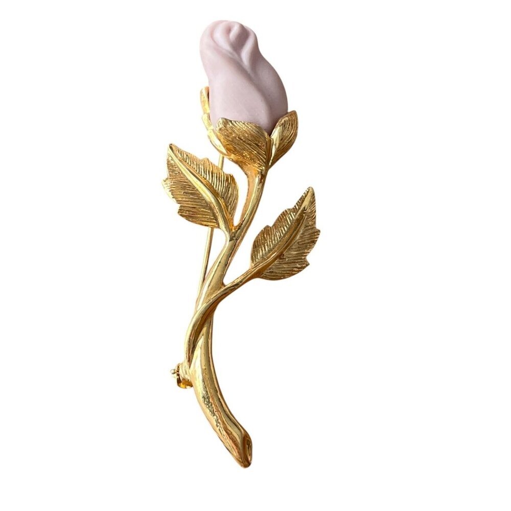Vintage Avon Gold Tone Pink Porcelain Rose Bud on Stem Signed Pin Brooch